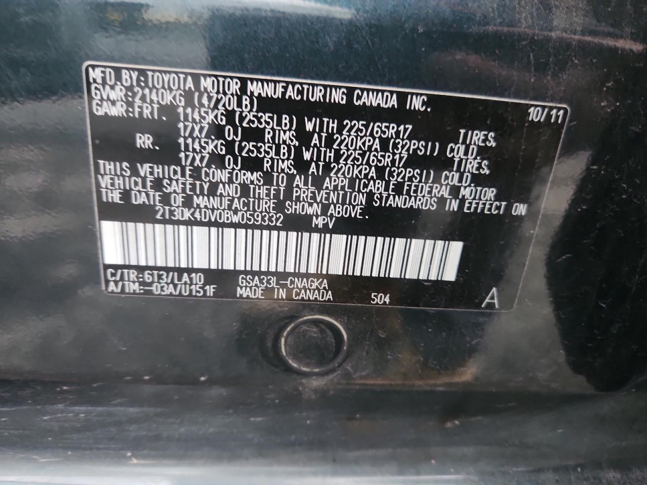 2011 Toyota Rav4 Limited VIN: 2T3DK4DV0BW059332 Lot: 91901245