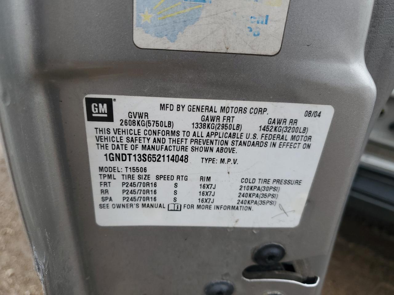 2005 Chevrolet Trailblazer Ls VIN: 1GNDT13S652114048 Lot: 93328485