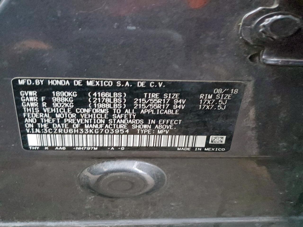 2019 Honda Hr-V Lx VIN: 3CZRU6H33KG703954 Lot: 94166195