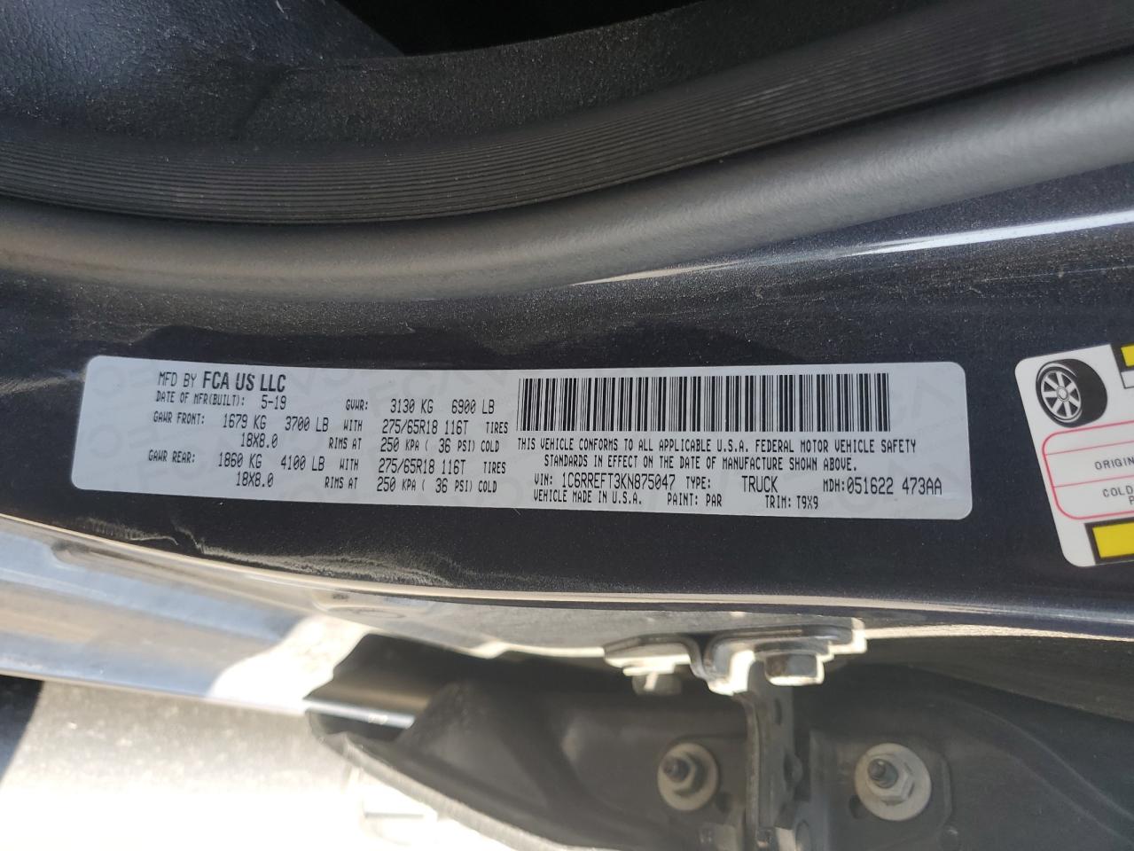 2019 Ram 1500 Big Horn/Lone Star VIN: 1C6RREFT3KN875047 Lot: 91835225