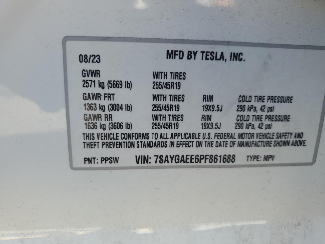 2023 Tesla Model Y VIN: 7SAYGAEE6PF861688 Lot: 90724375