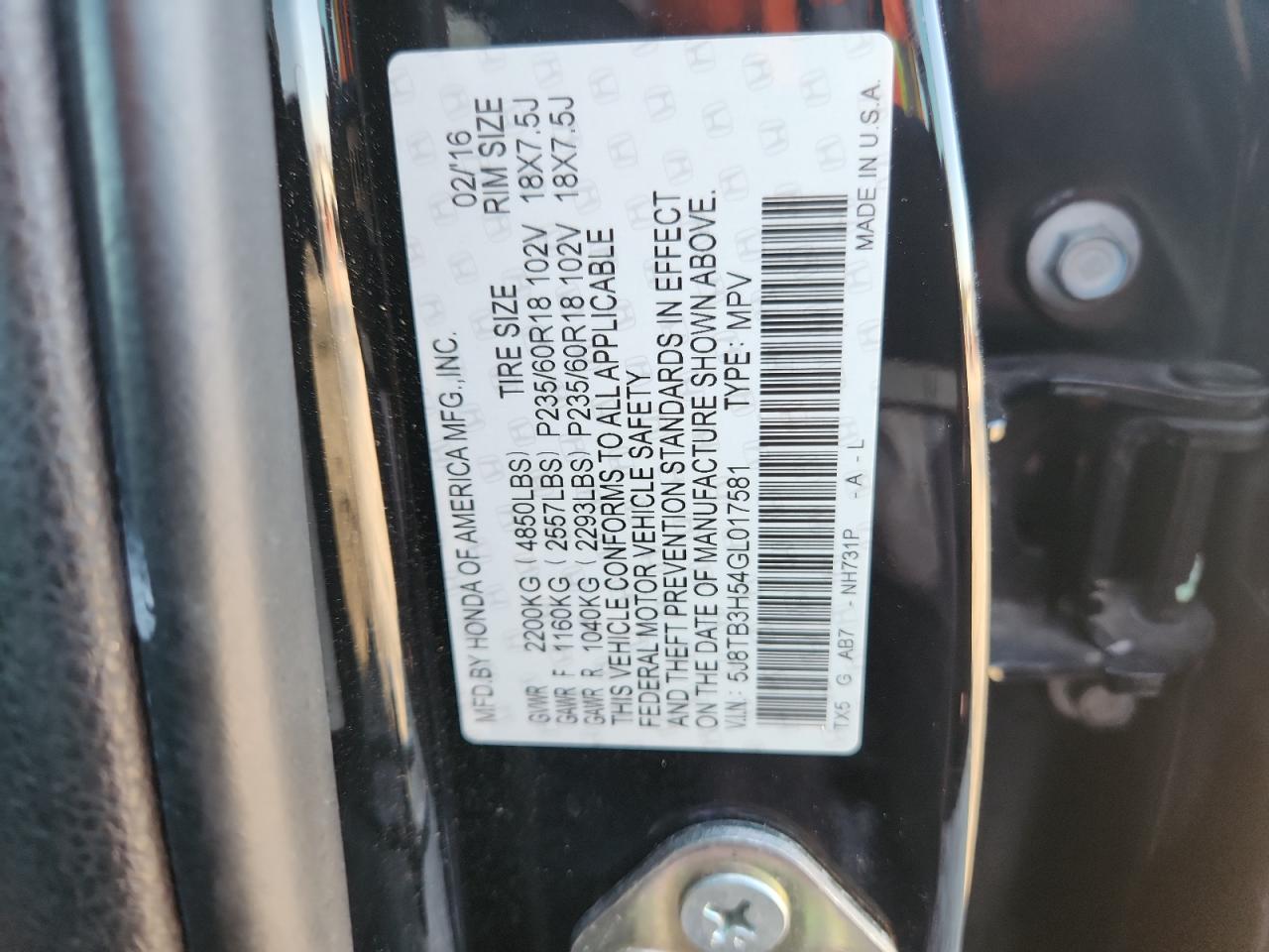 2016 Acura Rdx Technology VIN: 5J8TB3H54GL017581 Lot: 93558895