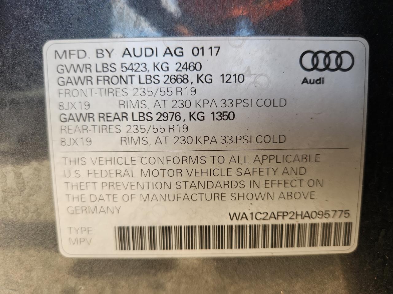 2017 Audi Q5 Premium VIN: WA1C2AFP2HA095775 Lot: 92256265