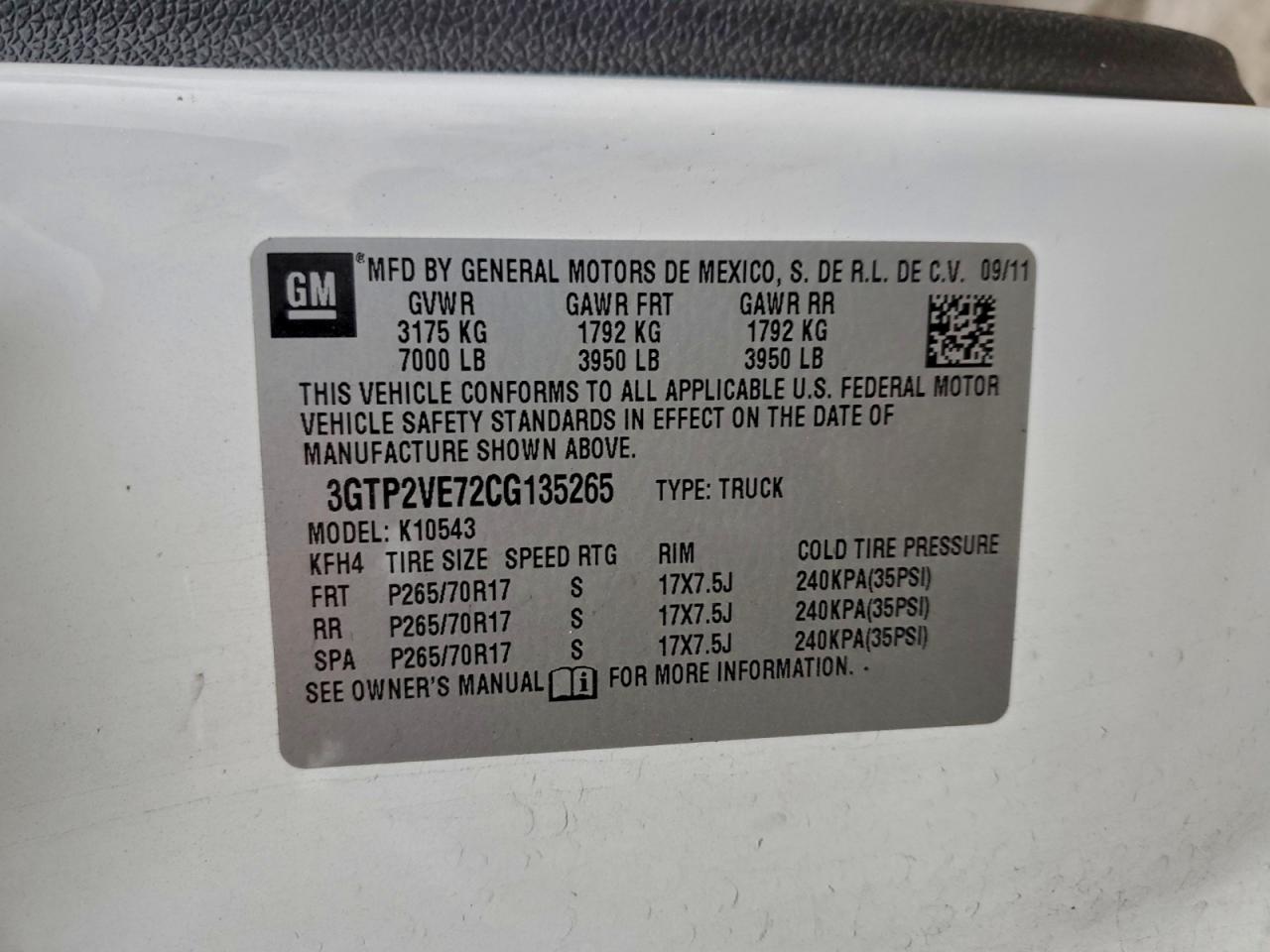 2012 GMC Sierra K1500 Sle VIN: 3GTP2VE72CG135265 Lot: 93830195