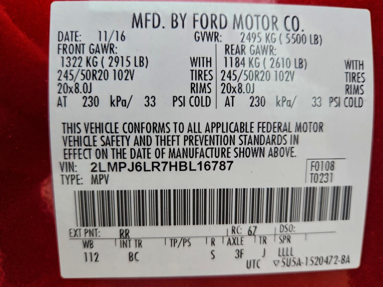 2017 Lincoln Mkx Reserve VIN: 2LMPJ6LR7HBL16787 Lot: 93973665