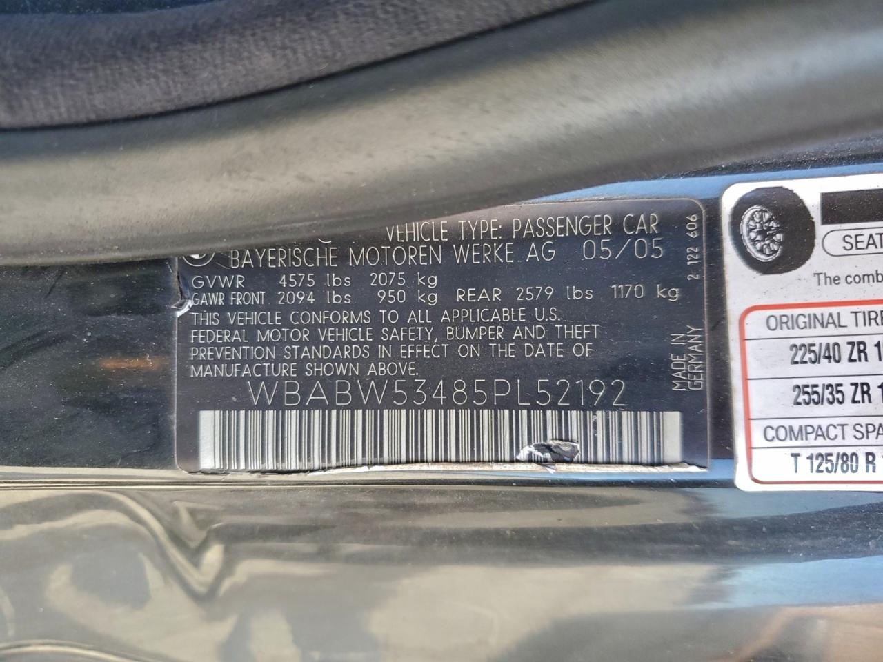 2005 BMW 330 Ci VIN: WBABW53485PL52192 Lot: 94488665