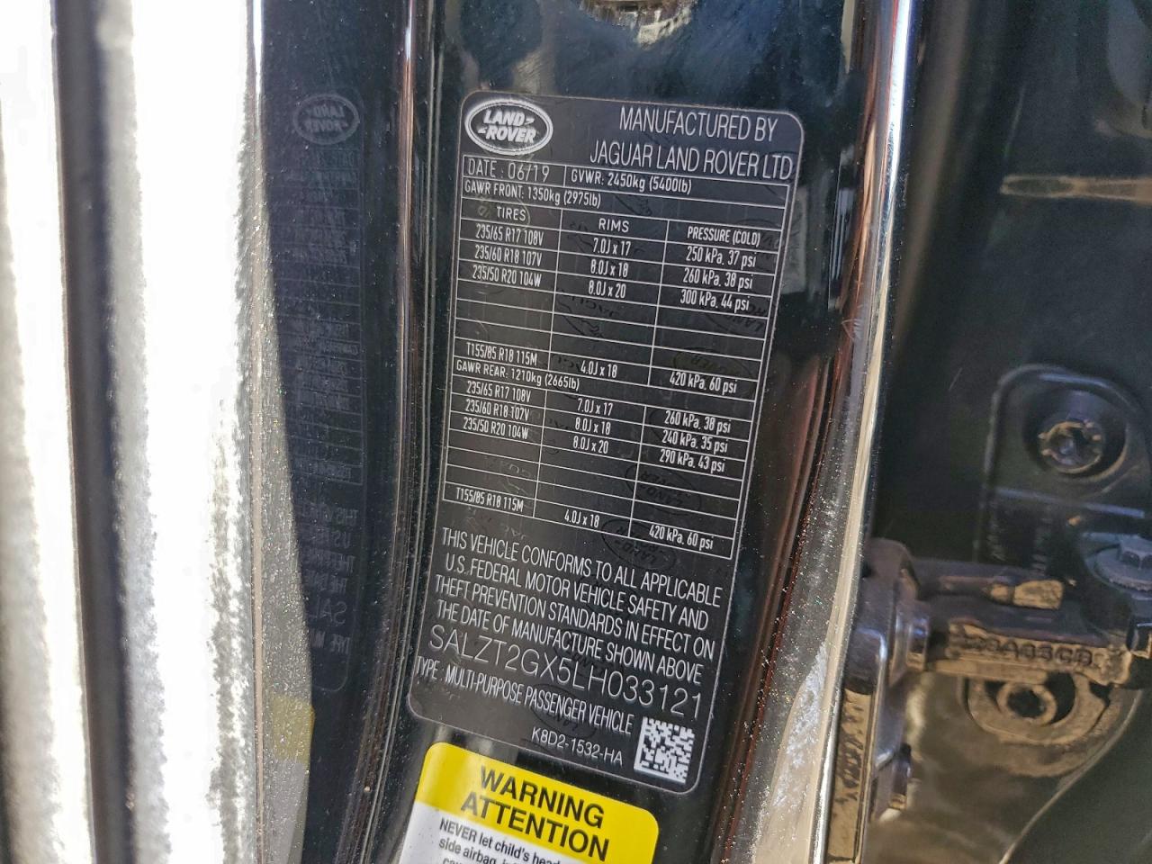 2020 Land Rover Range Rover Evoque S VIN: SALZT2GX5LH033121 Lot: 94050195