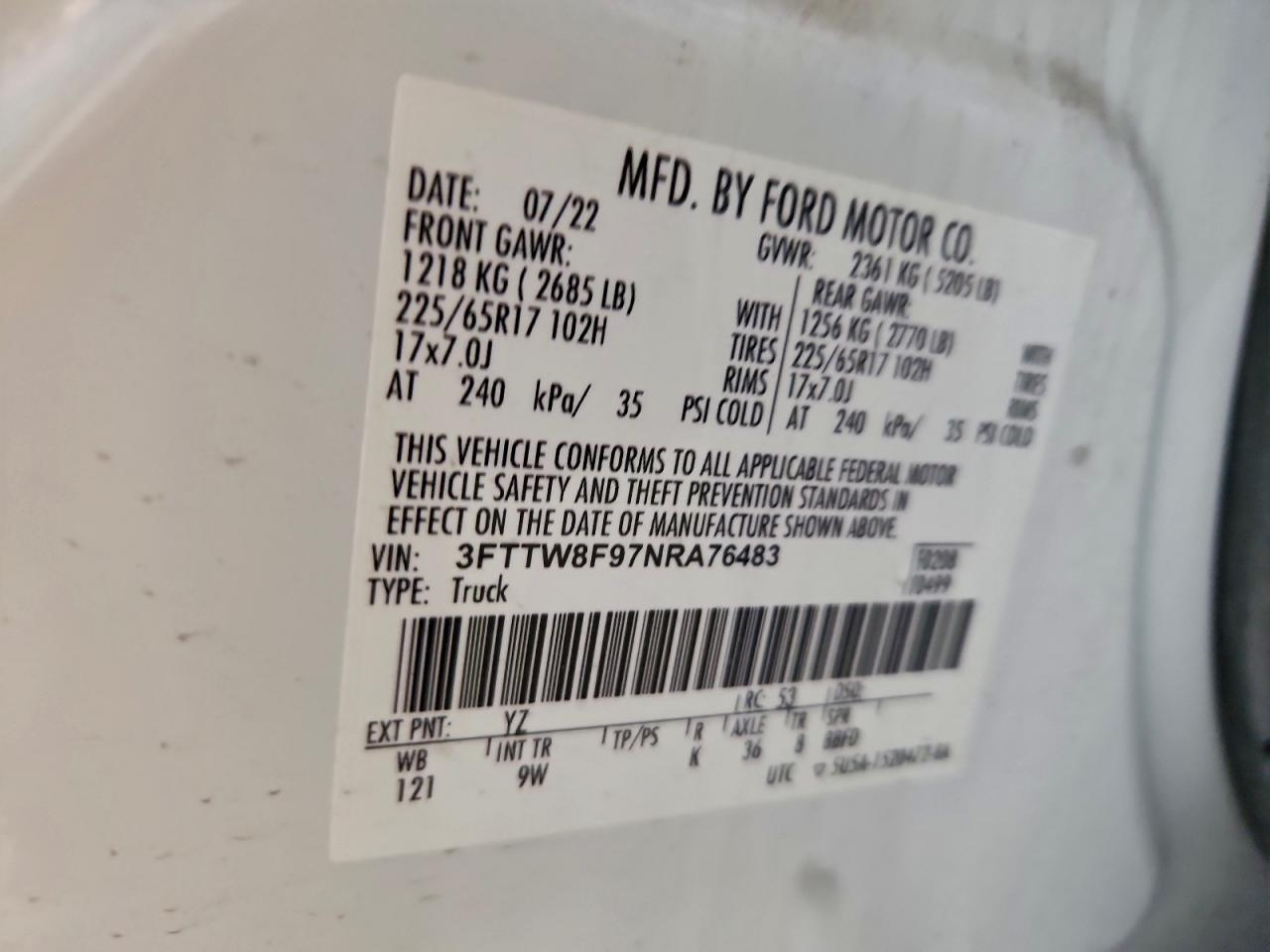 2022 Ford Maverick Xl VIN: 3FTTW8F97NRA76483 Lot: 93843275