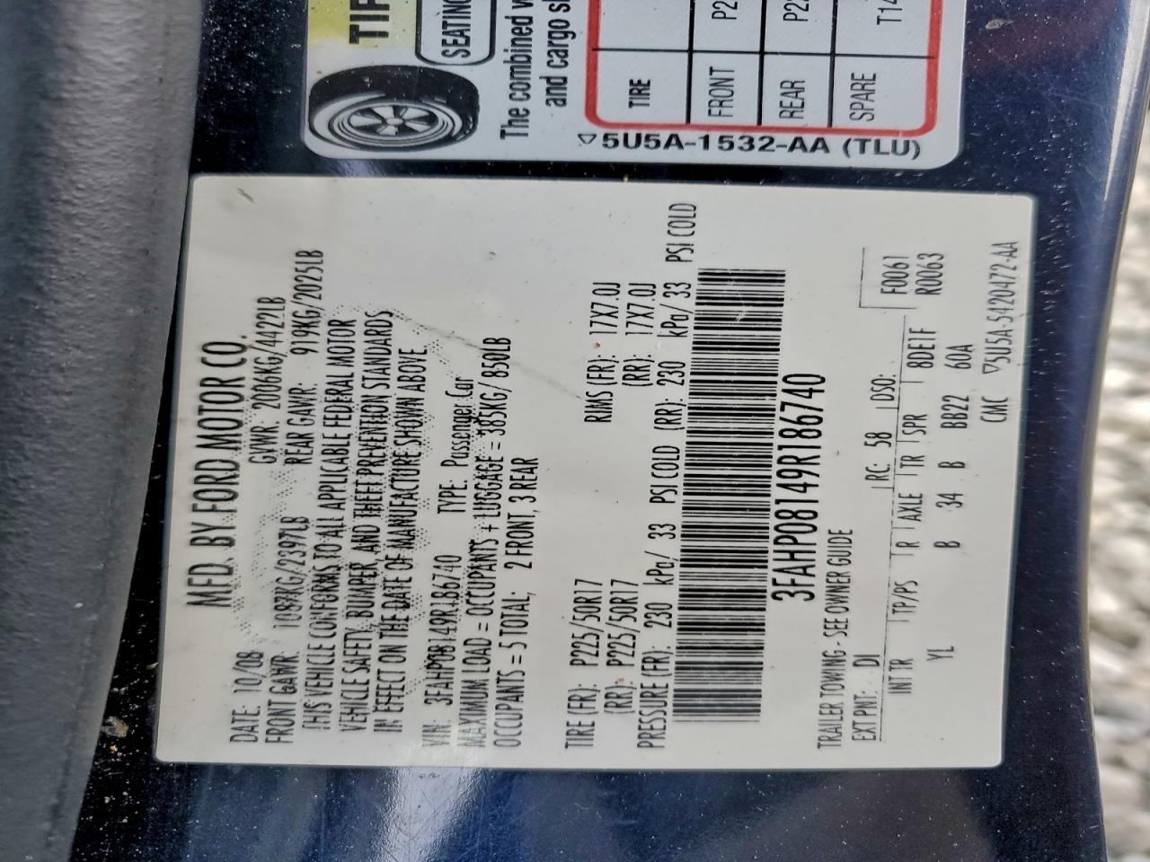 2009 Ford Fusion Sel VIN: 3FAHP08149R186740 Lot: 94120425