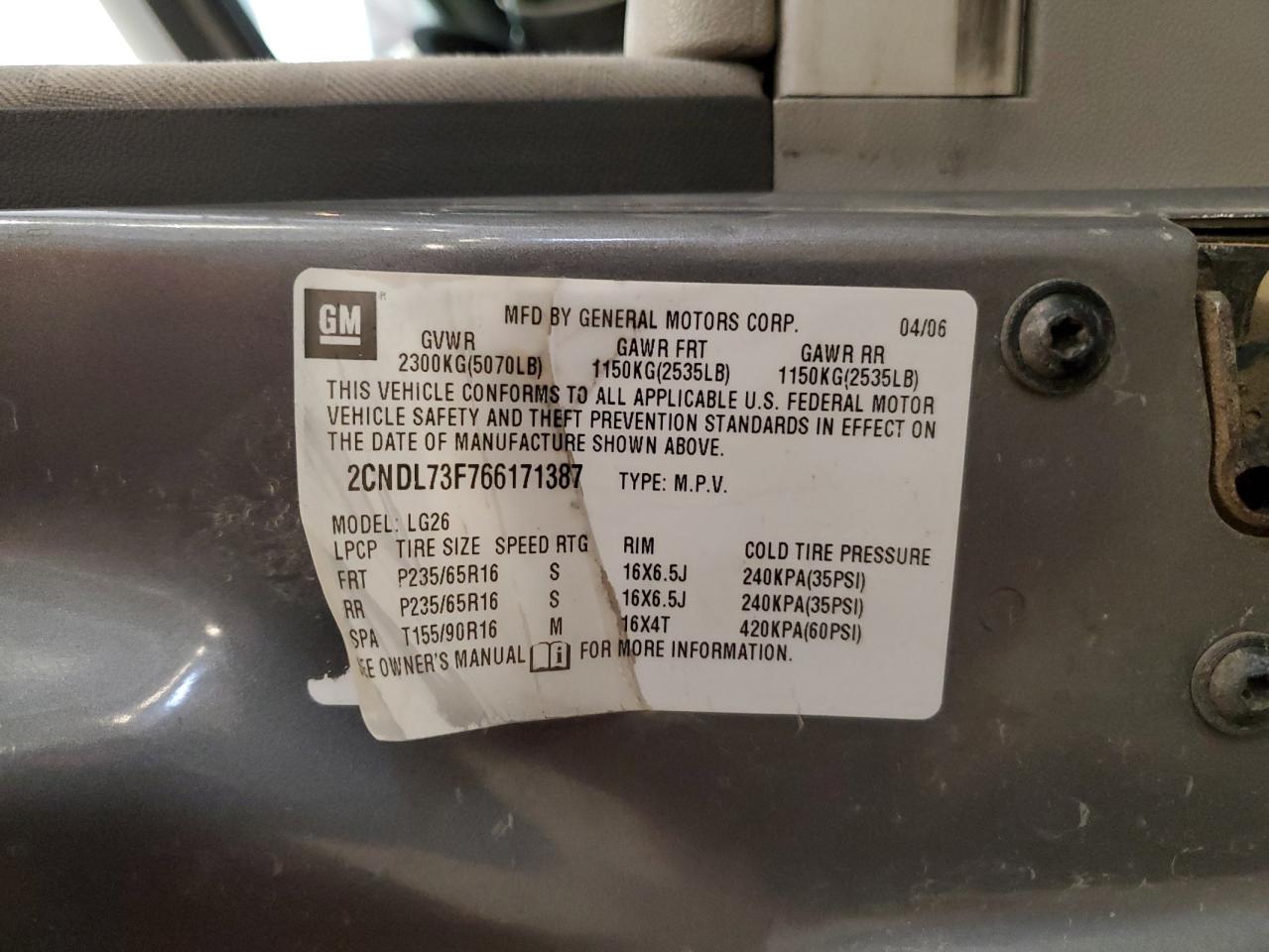 2006 Chevrolet Equinox Lt VIN: 2CNDL73F766171387 Lot: 92990285