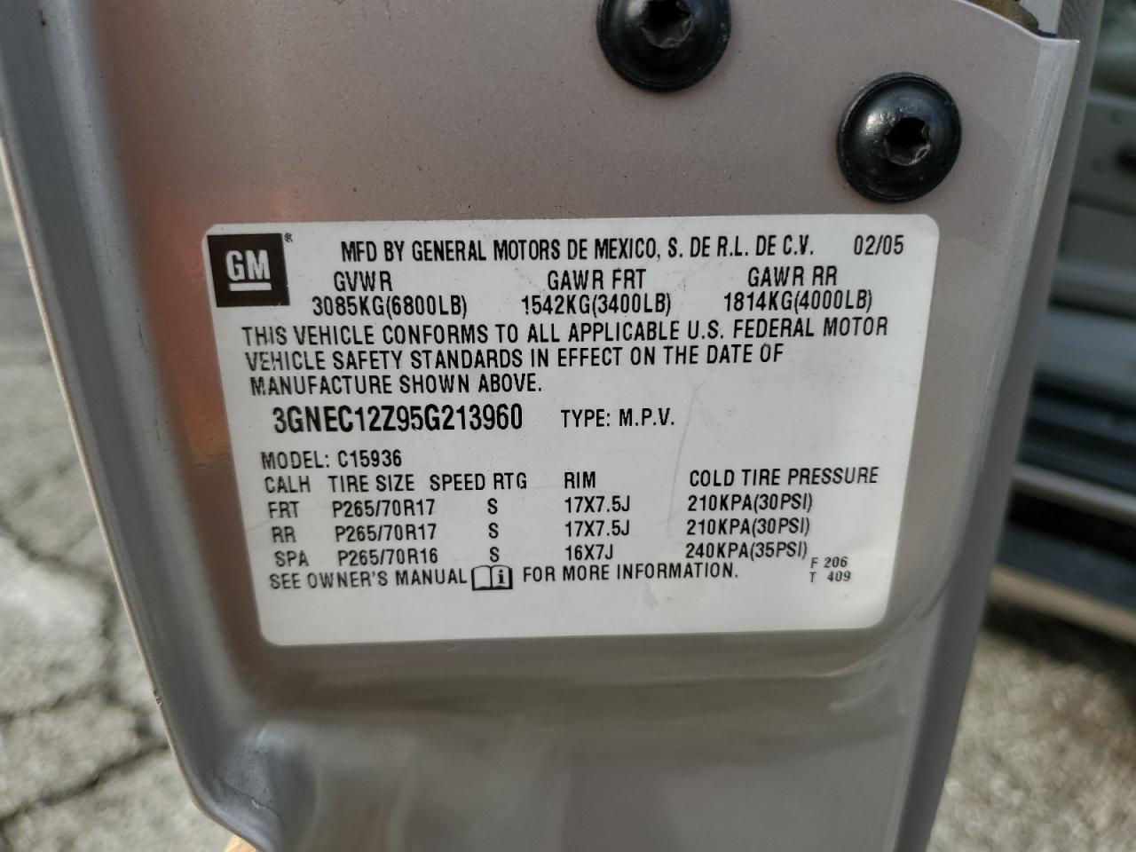 2005 Chevrolet Avalanche C1500 VIN: 3GNEC12Z95G213960 Lot: 92238165