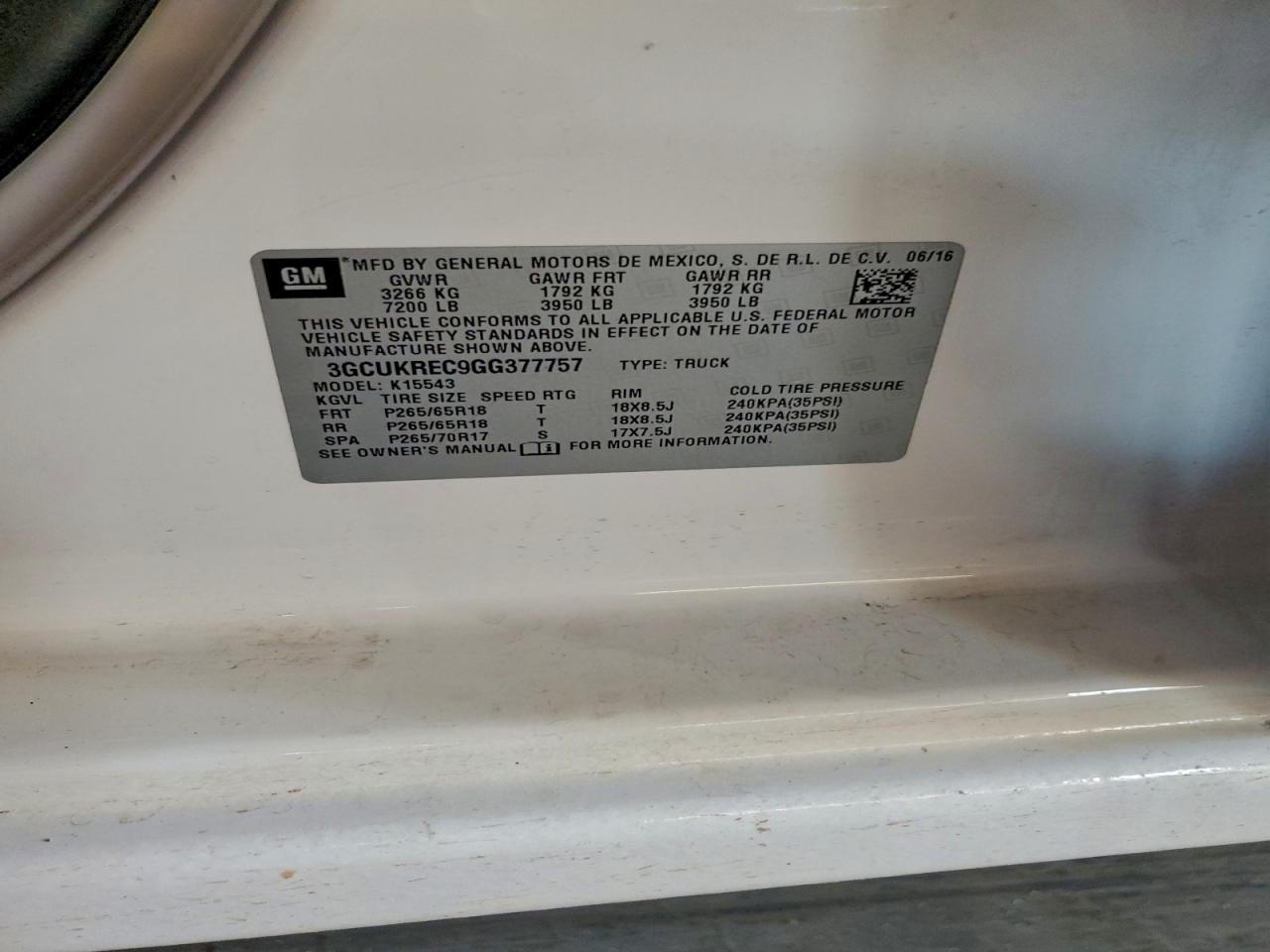 2016 Chevrolet Silverado K1500 Lt VIN: 3GCUKREC9GG377757 Lot: 93990865