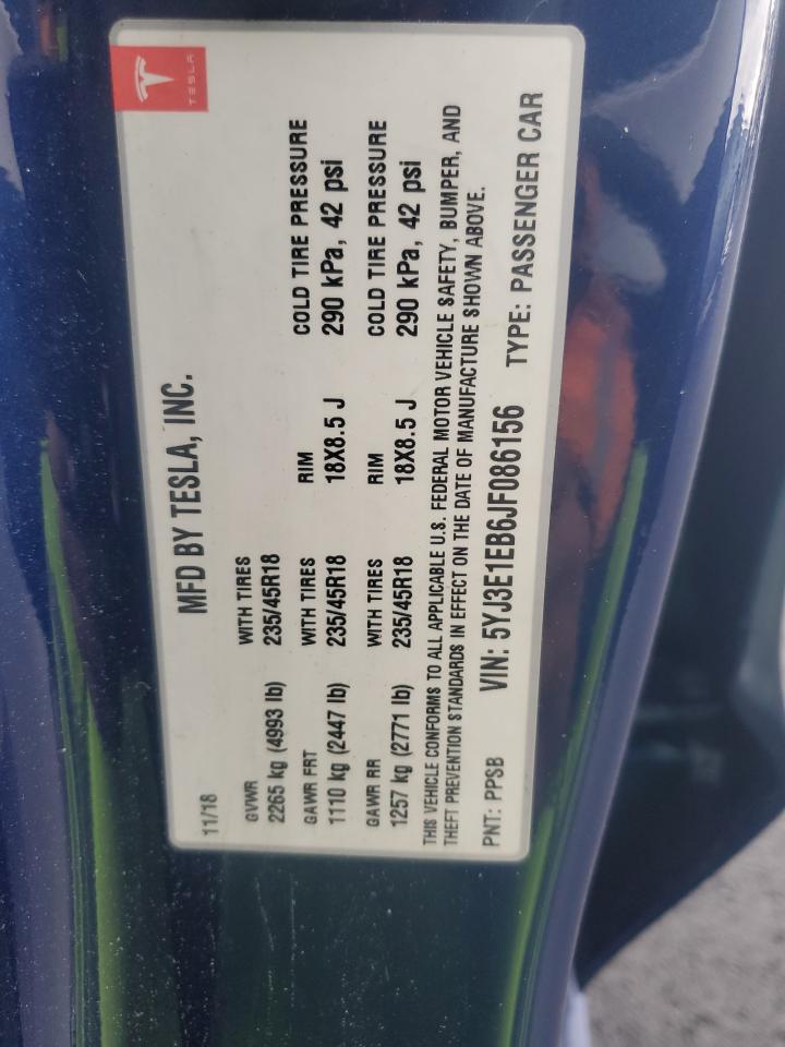 2018 Tesla Model 3 VIN: 5YJ3E1EB6JF086156 Lot: 93262815