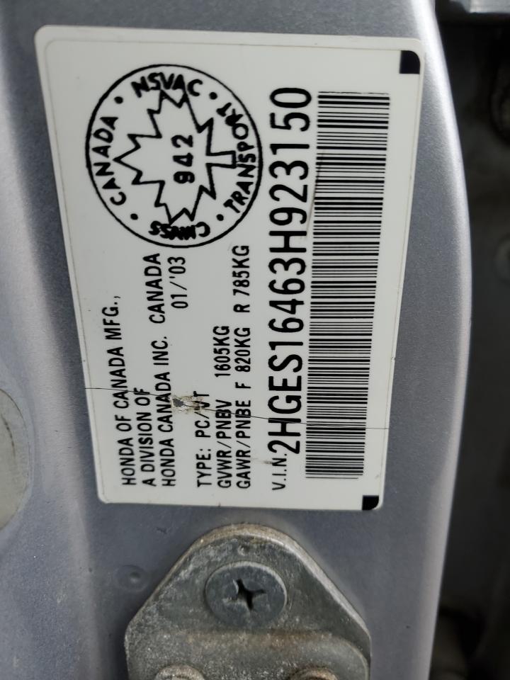 2003 Honda Civic Dx VIN: 2HGES16463H923150 Lot: 92657435