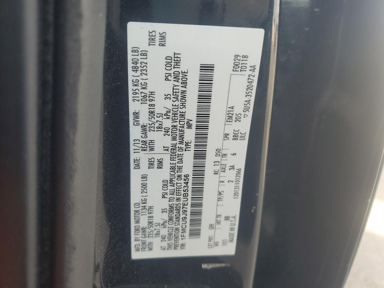 2014 Ford Escape Titanium VIN: 1FMCU9J97EUB53456 Lot: 93585125