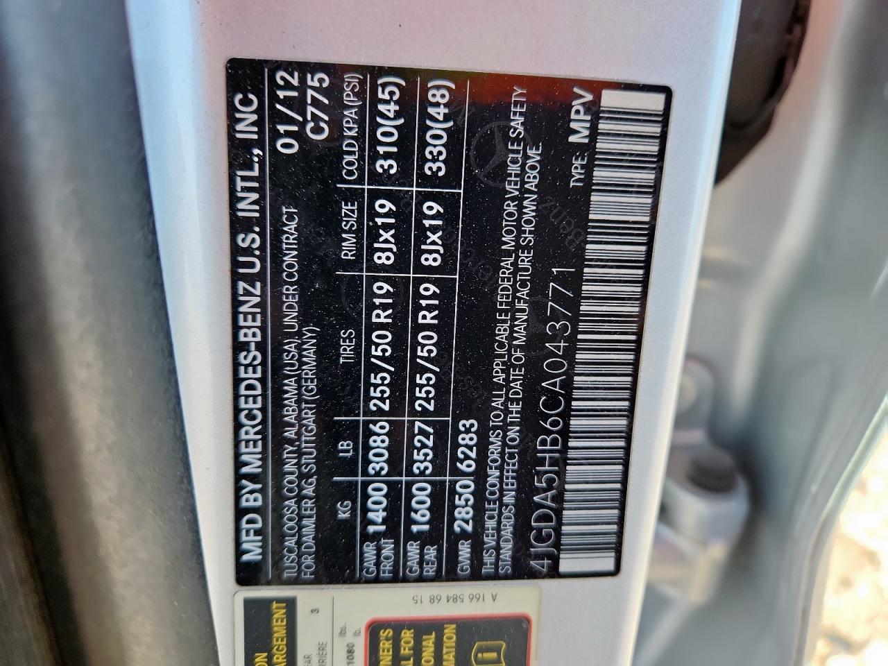 2012 Mercedes-Benz Ml 350 4Matic VIN: 4JGDA5HB6CA043771 Lot: 91995505