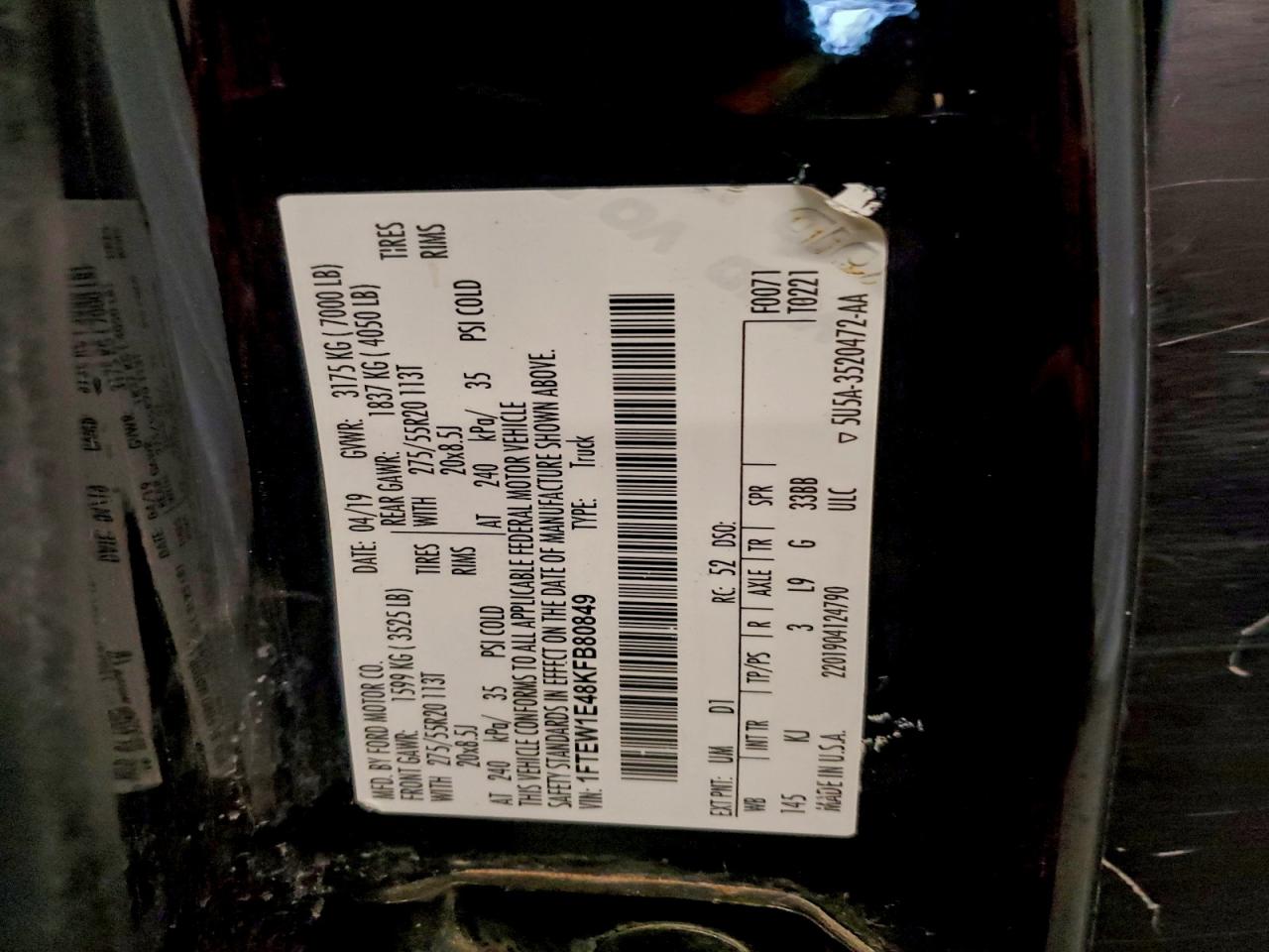 2019 Ford F150 Supercrew VIN: 1FTEW1E48KFB80849 Lot: 93908355