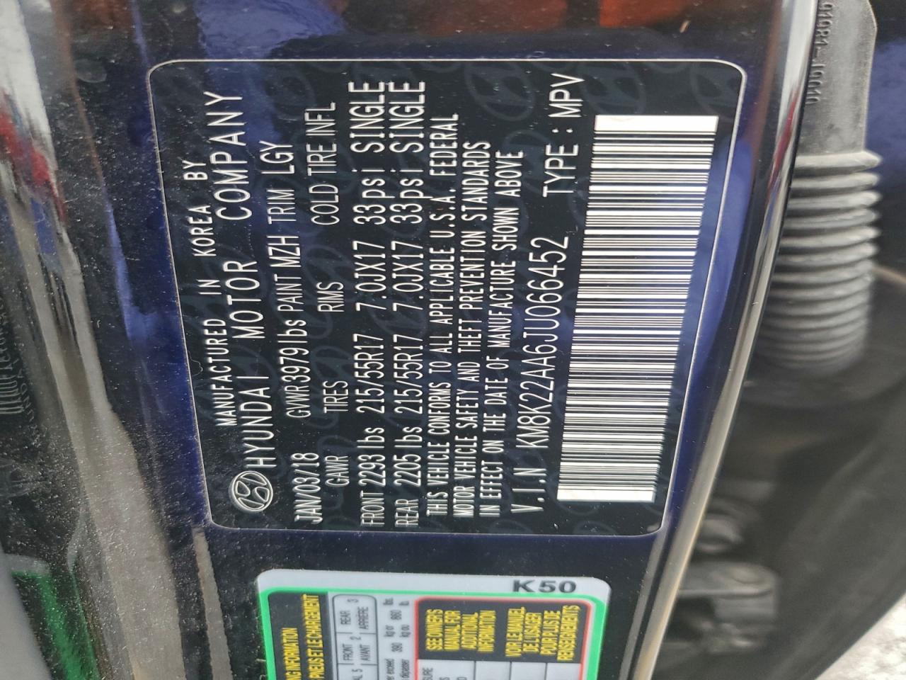 2018 Hyundai Kona Sel VIN: KM8K22AA6JU066452 Lot: 92997275