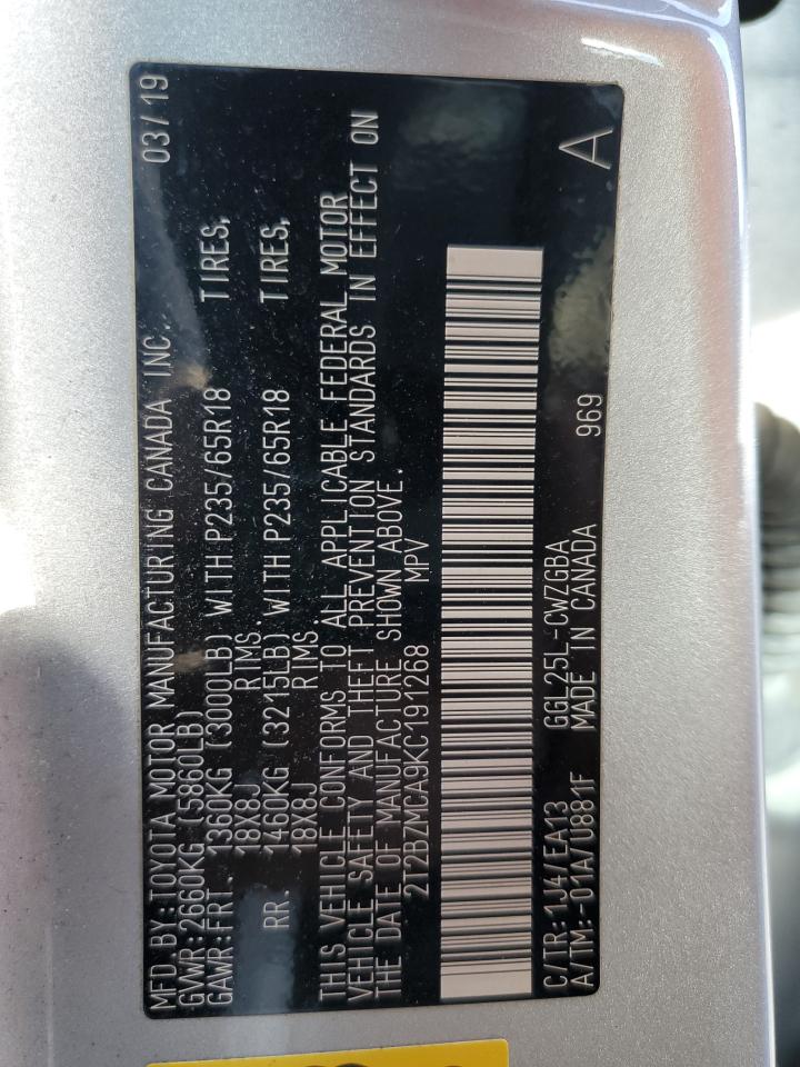 2019 Lexus Rx 350 Base VIN: 2T2BZMCA9KC191268 Lot: 93818195