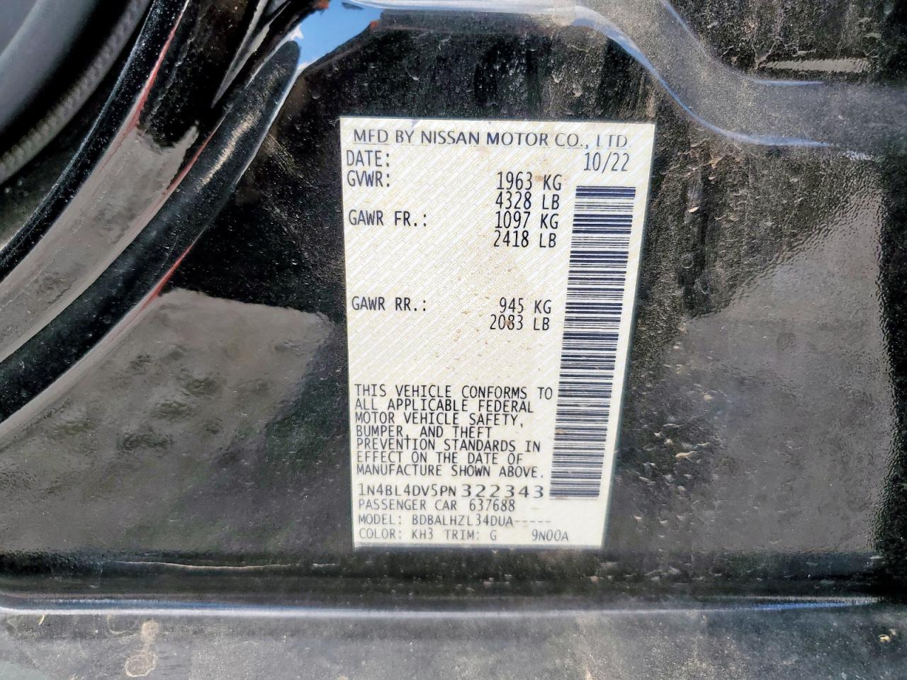 2023 Nissan Altima Sv VIN: 1N4BL4DV5PN322343 Lot: 93445845