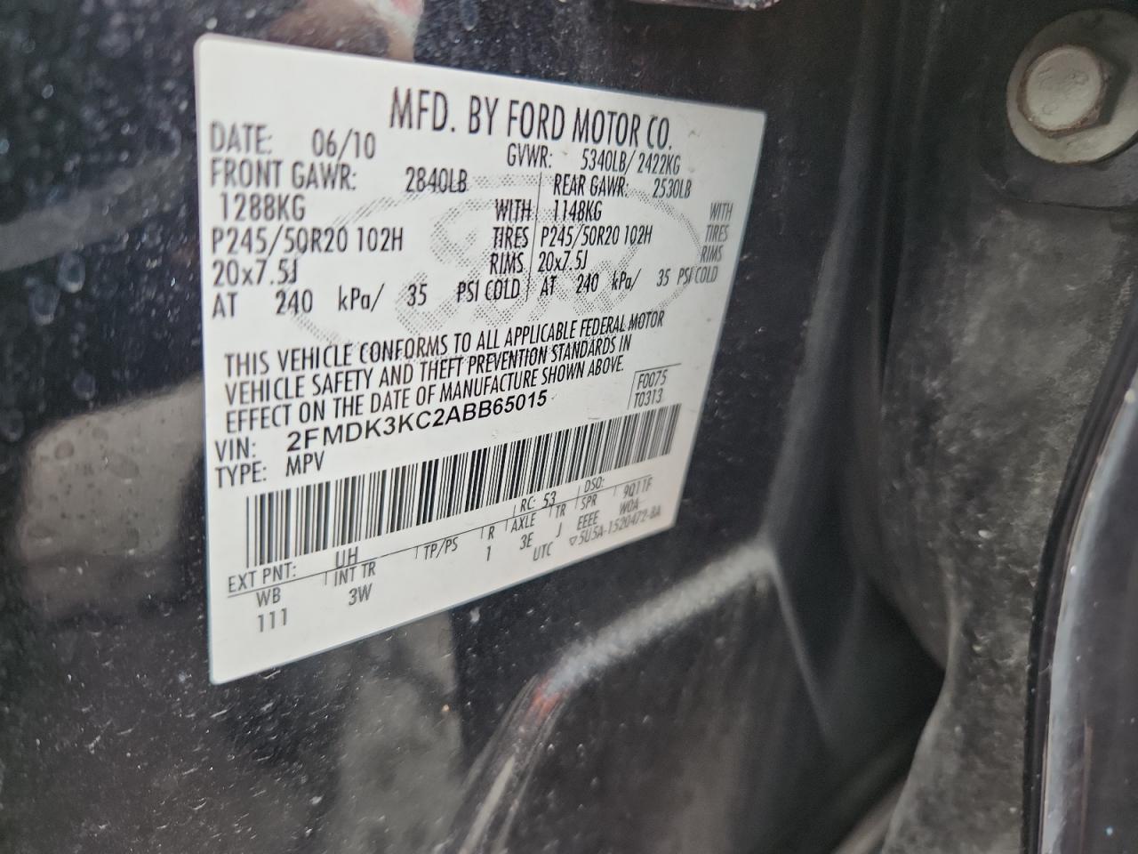 2010 Ford Edge Limited VIN: 2FMDK3KC2ABB65015 Lot: 92576865