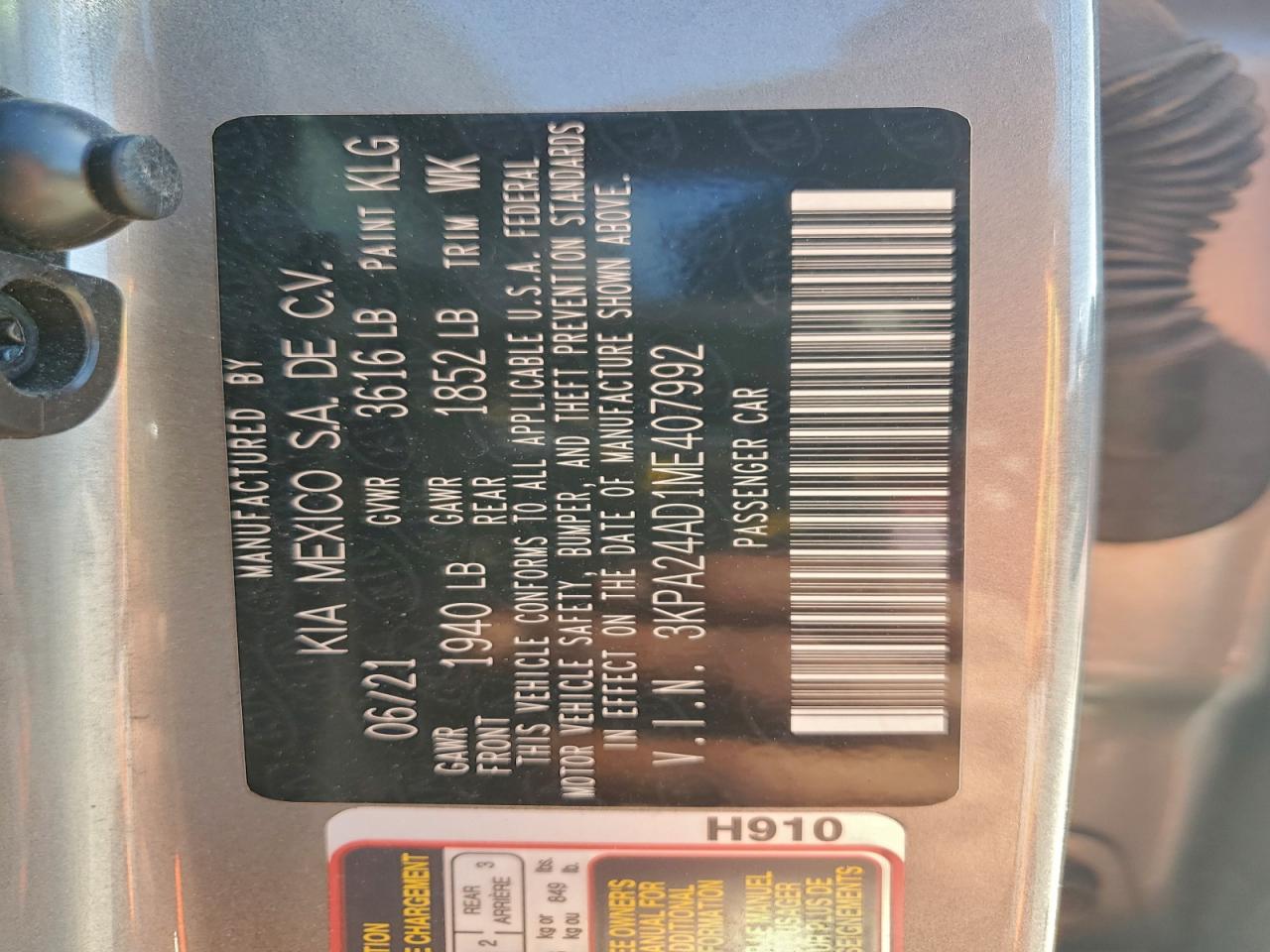 2021 Kia Rio Lx VIN: 3KPA24AD1ME407992 Lot: 92188885