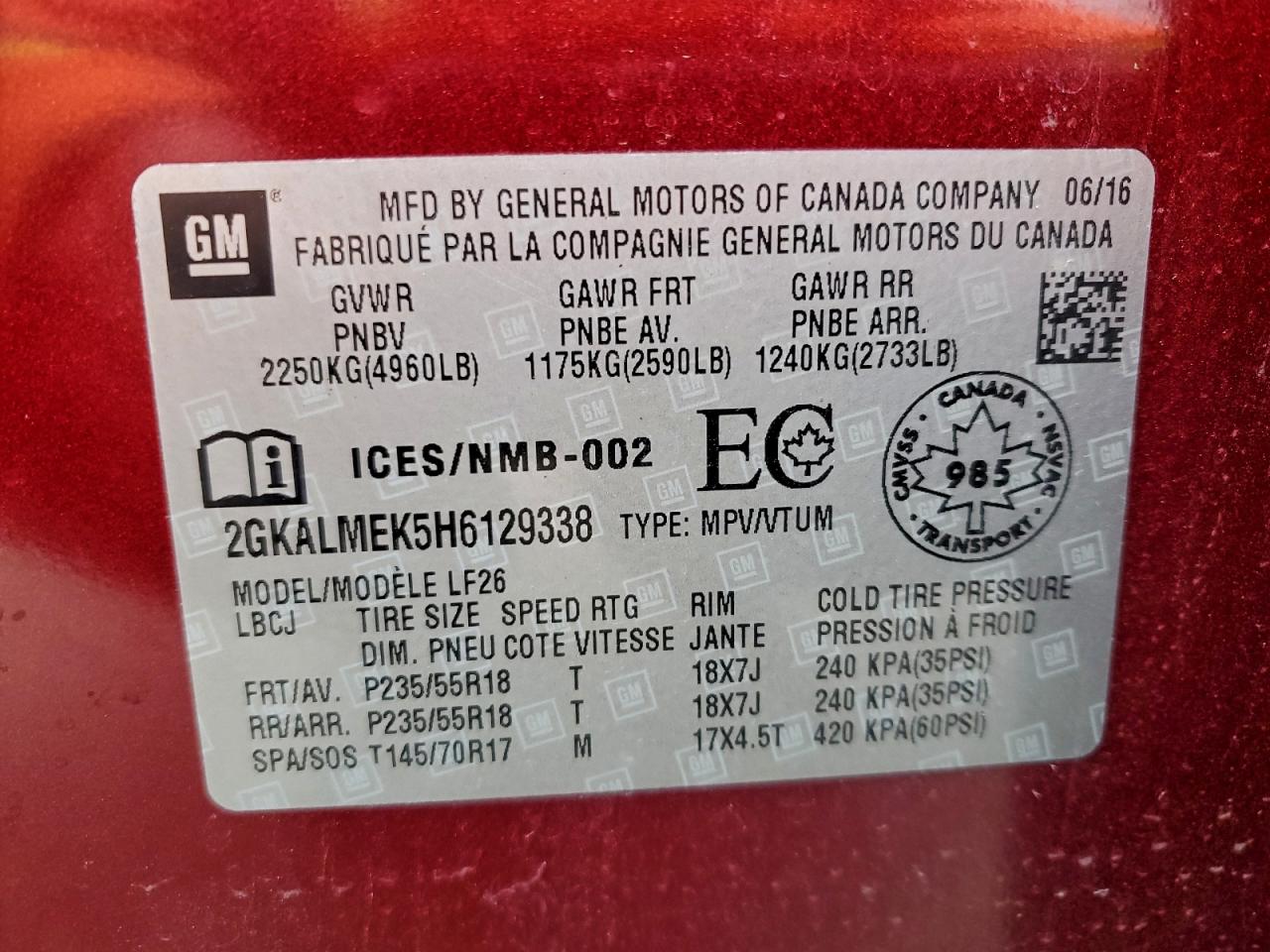 2017 GMC Terrain Sle VIN: 2GKALMEK5H6129338 Lot: 94219695