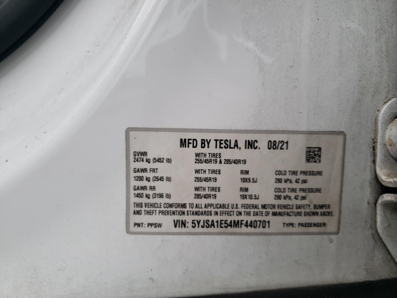 2021 Tesla Model S VIN: 5YJSA1E54MF440701 Lot: 92911895