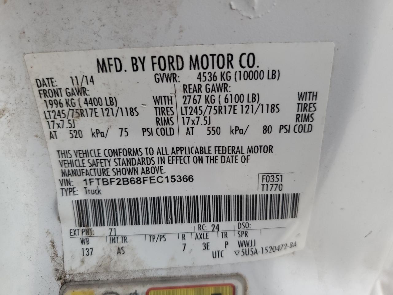 2015 Ford F250 Utility / Service Truck VIN: 1FTBF2B68FEC15366 Lot: 93173735