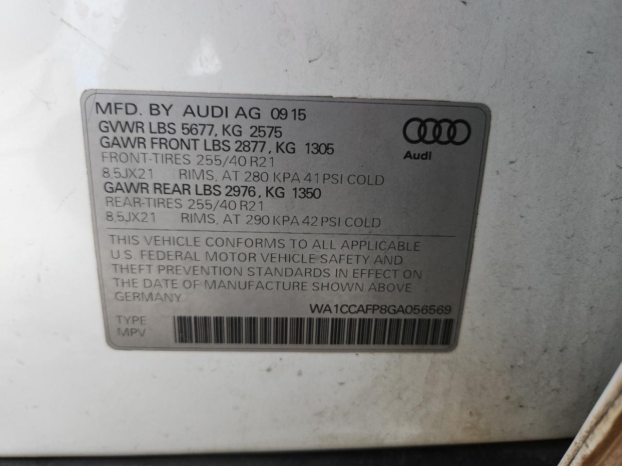 2016 Audi Sq5 Premium Plus VIN: WA1CCAFP8GA056569 Lot: 90749175