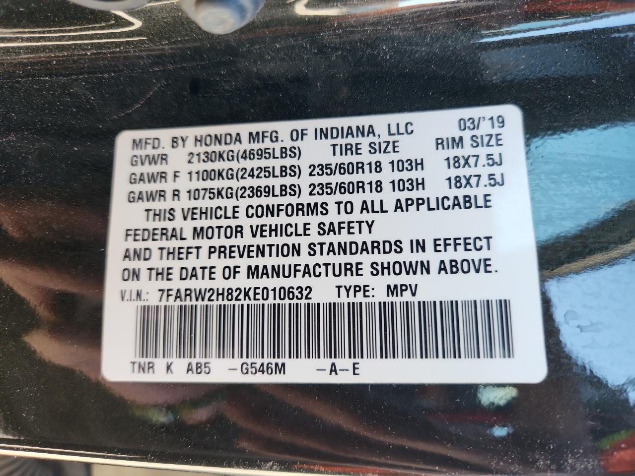 2019 Honda Cr-V Exl VIN: 7FARW2H82KE010632 Lot: 92432065