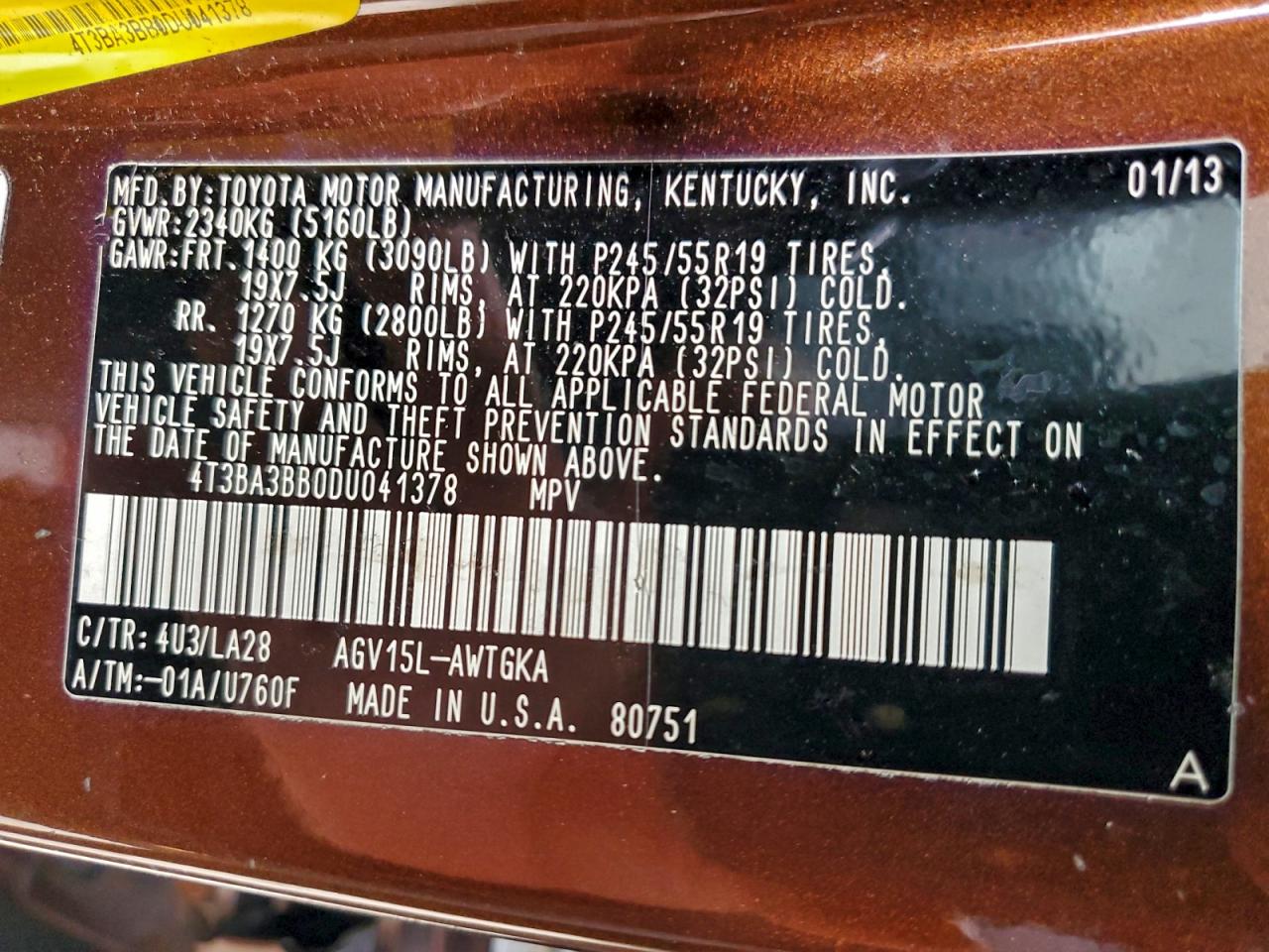 2013 Toyota Venza Le VIN: 4T3BA3BB0DU041378 Lot: 93858155