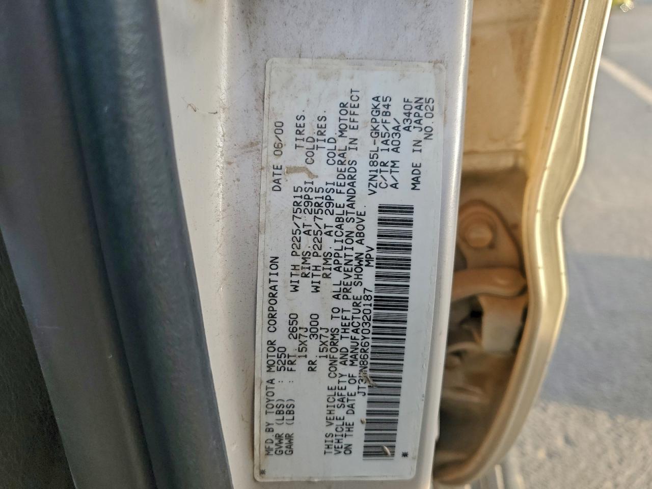 2000 Toyota 4Runner Sr5 VIN: JT3HN86R6Y0320187 Lot: 93916655