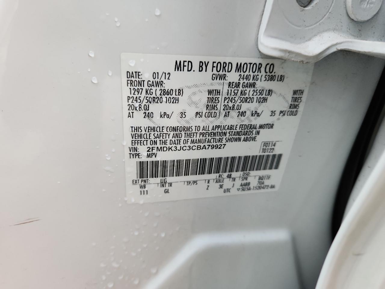 2012 Ford Edge Sel VIN: 2FMDK3JC3CBA79927 Lot: 91299555