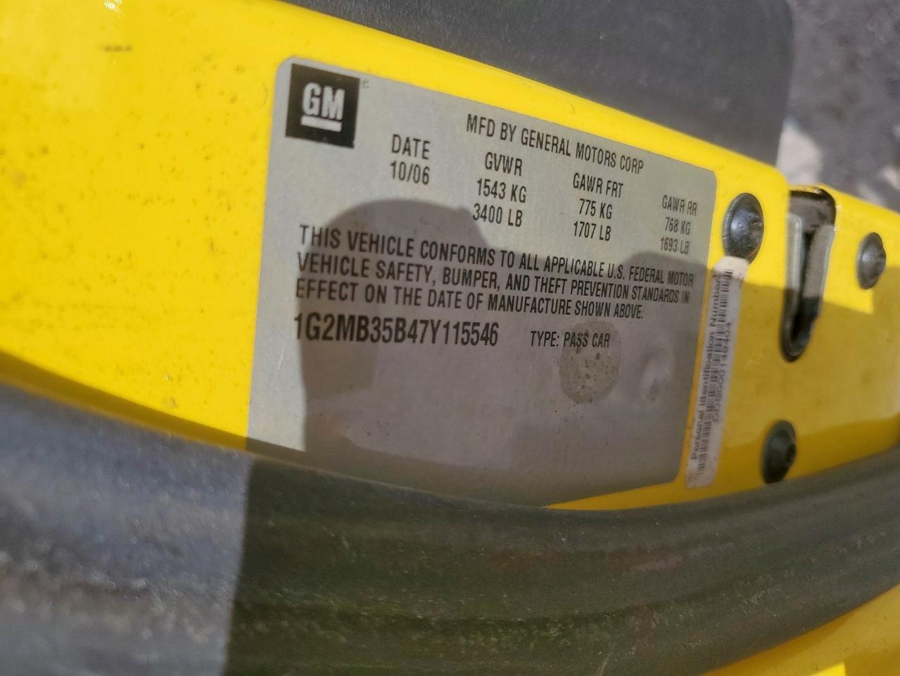 2007 Pontiac Solstice VIN: 1G2MB35B47Y115546 Lot: 92847465