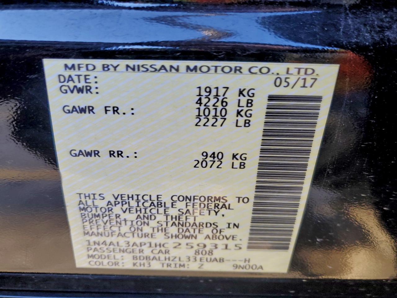 2017 Nissan Altima 2.5 VIN: 1N4AL3AP1HC259315 Lot: 94578195