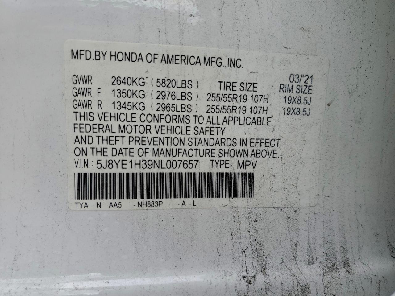 2022 Acura Mdx VIN: 5J8YE1H39NL007657 Lot: 94324445