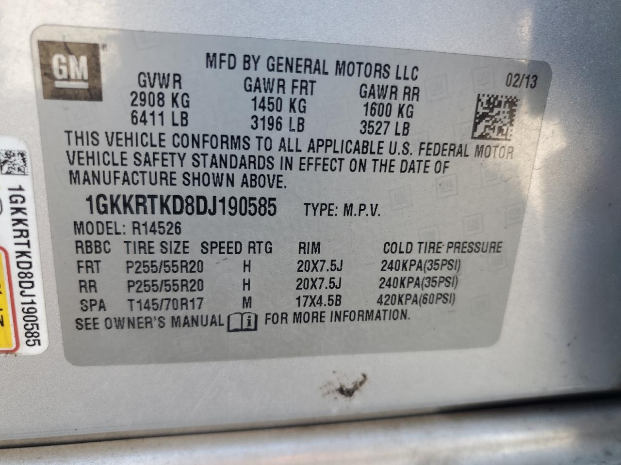 2013 GMC Acadia Denali VIN: 1GKKRTKD8DJ190585 Lot: 91793345