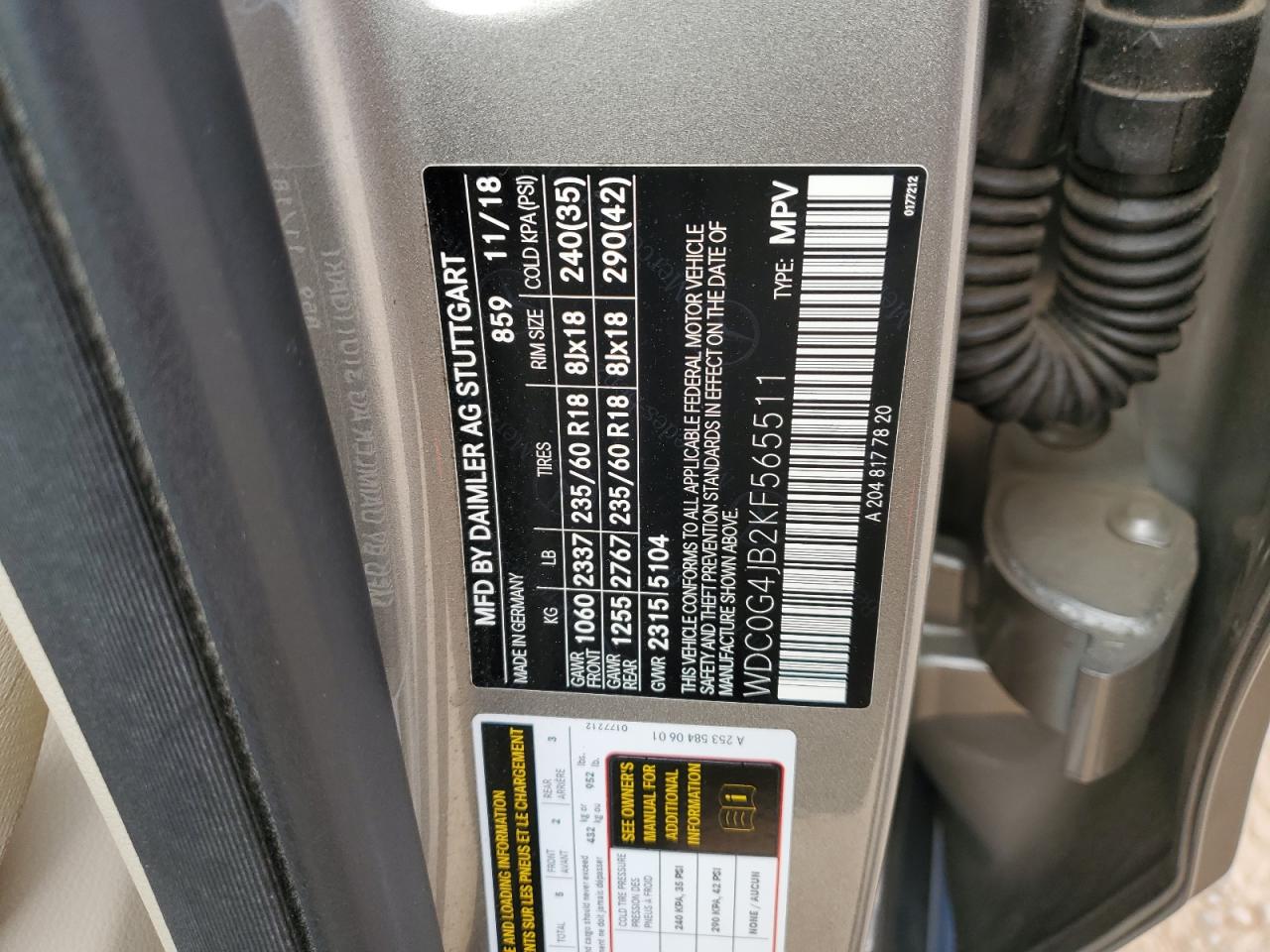 2019 Mercedes-Benz Glc 300 VIN: WDC0G4JB2KF565511 Lot: 92020875