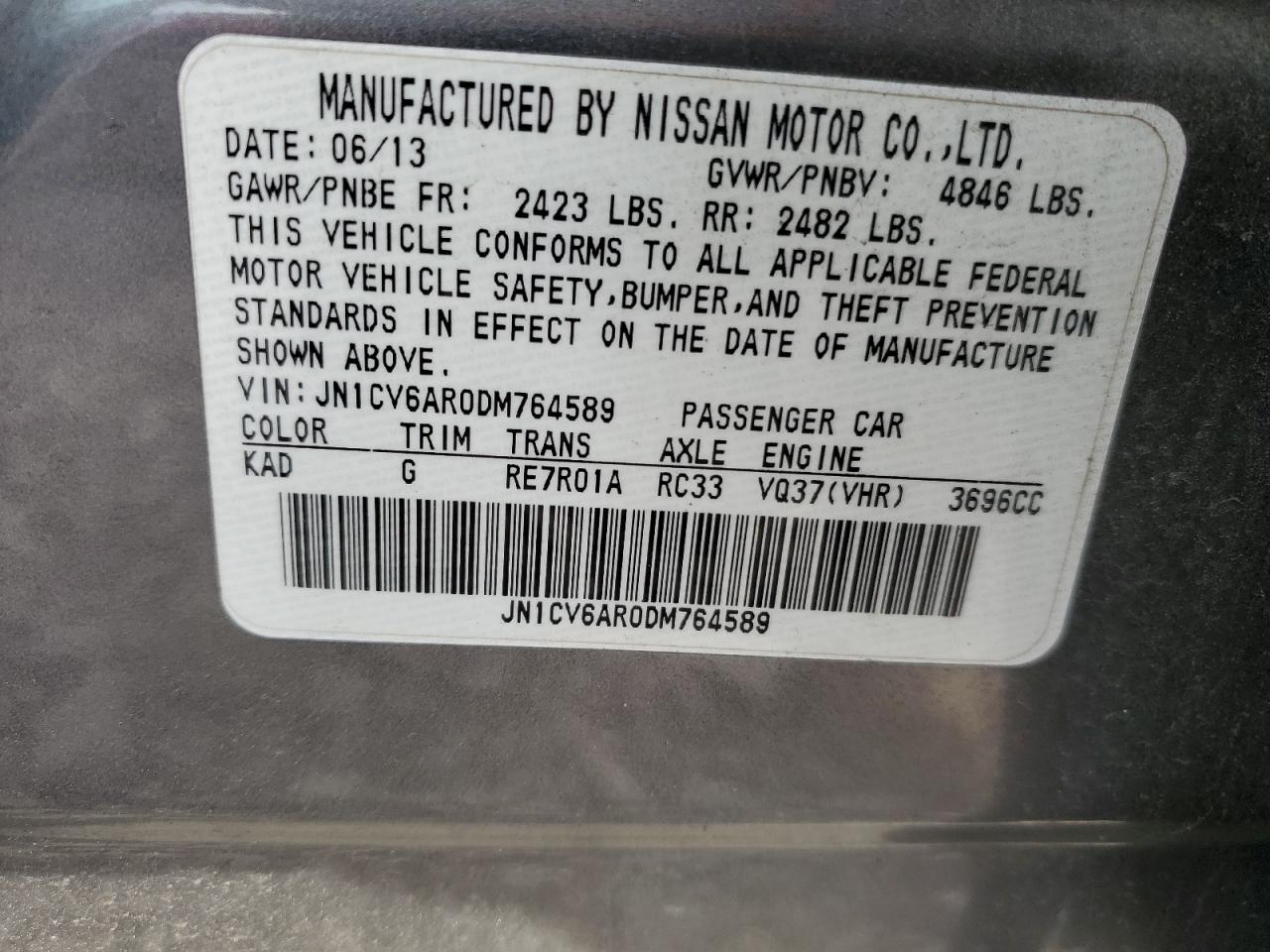 2013 Infiniti G37 VIN: JN1CV6AR0DM764589 Lot: 91550745