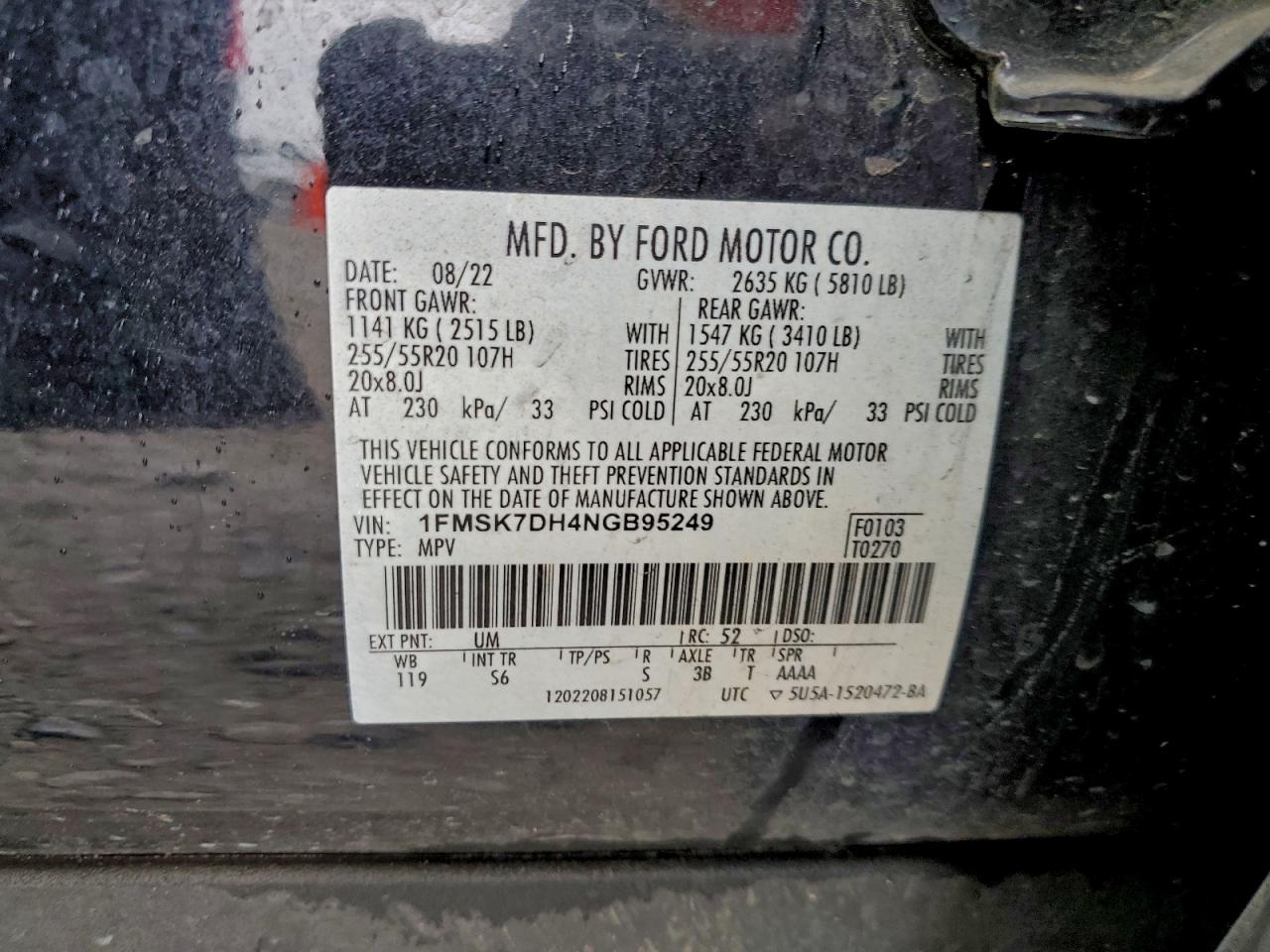 2022 Ford Explorer Xlt VIN: 1FMSK7DH4NGB95249 Lot: 93961585