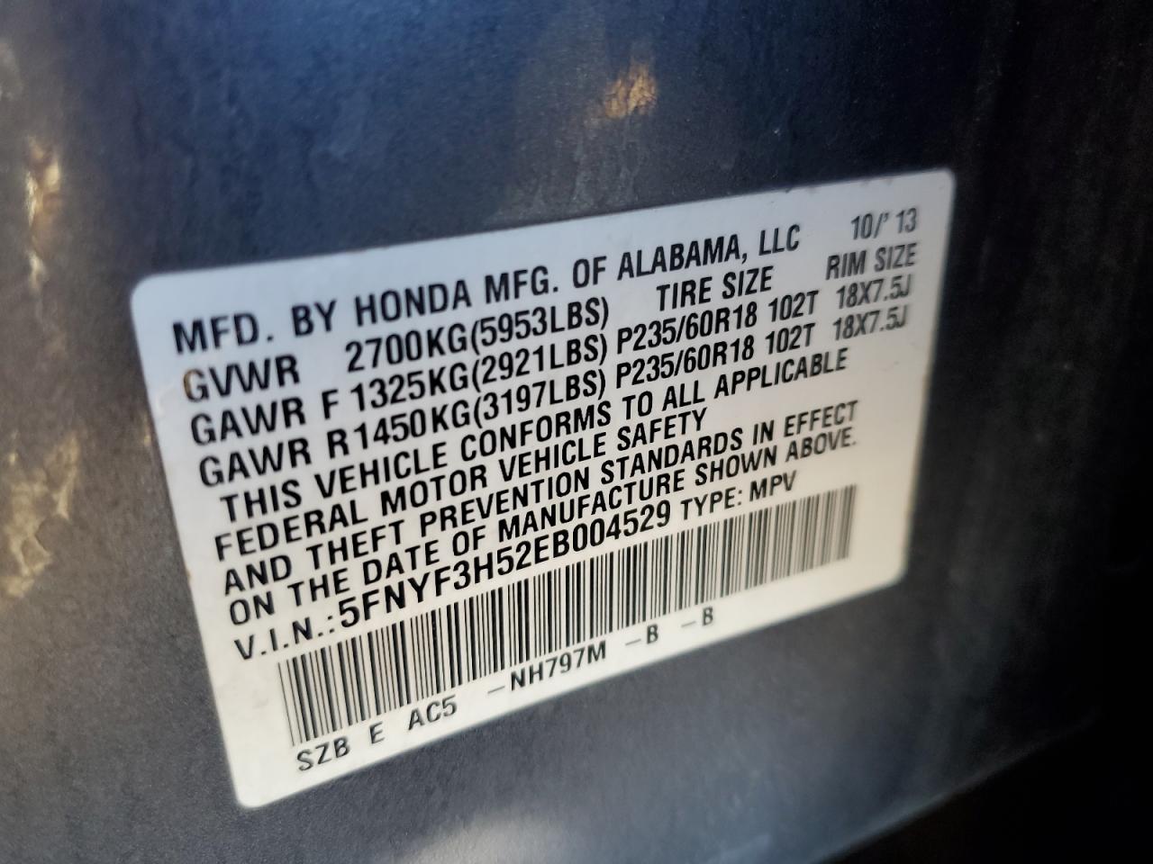 2014 Honda Pilot Exl VIN: 5FNYF3H52EB004529 Lot: 91291455