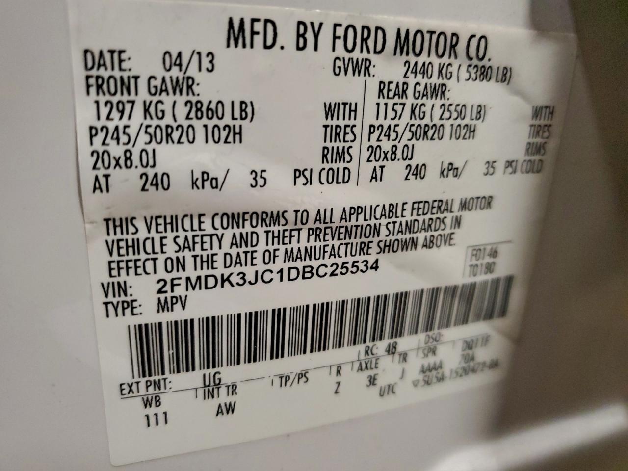 2013 Ford Edge Sel VIN: 2FMDK3JC1DBC25534 Lot: 93760505