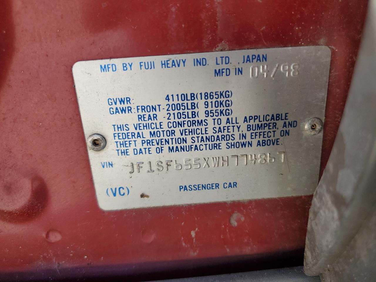 1998 Subaru Forester S VIN: JF1SF655XWH774867 Lot: 92849095