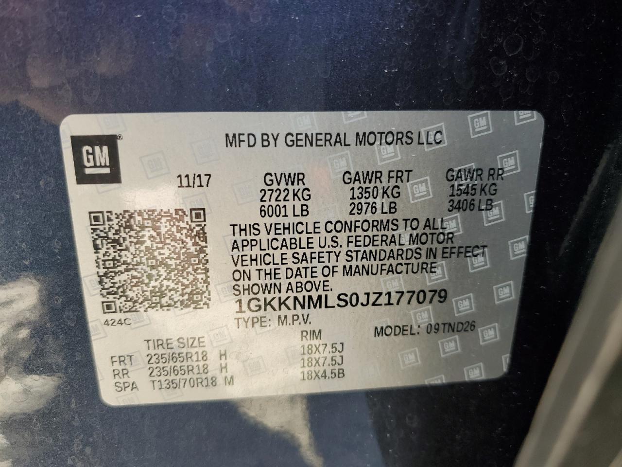 2018 GMC Acadia Slt-1 VIN: 1GKKNMLS0JZ177079 Lot: 92800175