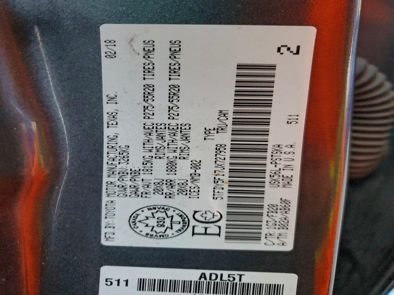 2018 Toyota Tundra Crewmax Sr5 VIN: 5TFDY5F17JX727958 Lot: 92664805