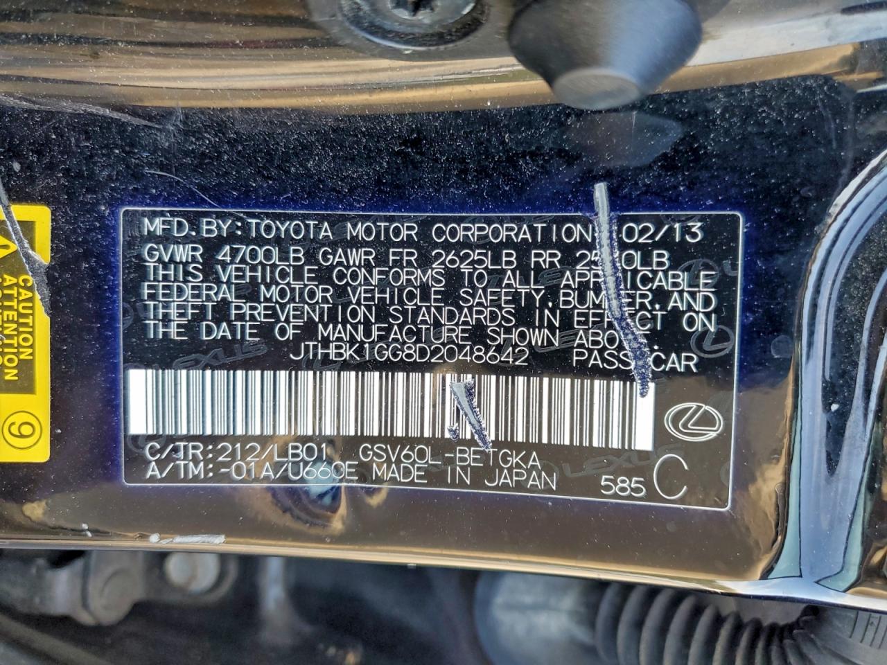 2013 Lexus Es 350 VIN: JTHBK1GG8D2048642 Lot: 93390365