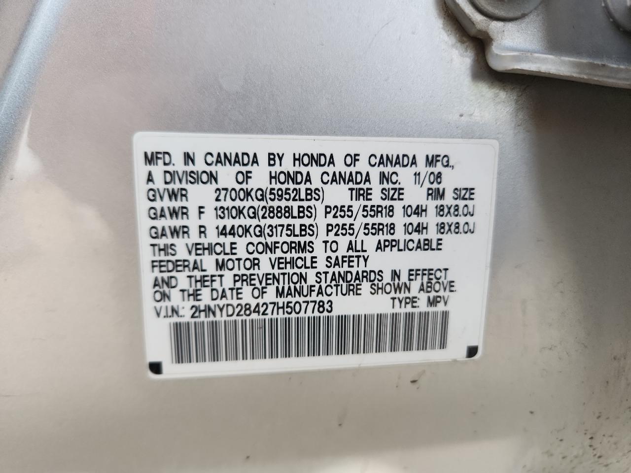 2007 Acura Mdx Technology VIN: 2HNYD28427H507783 Lot: 91483565