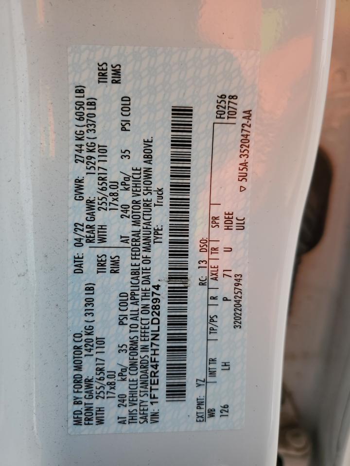 2022 Ford Ranger Xl VIN: 1FTER4FH7NLD28974 Lot: 92584385