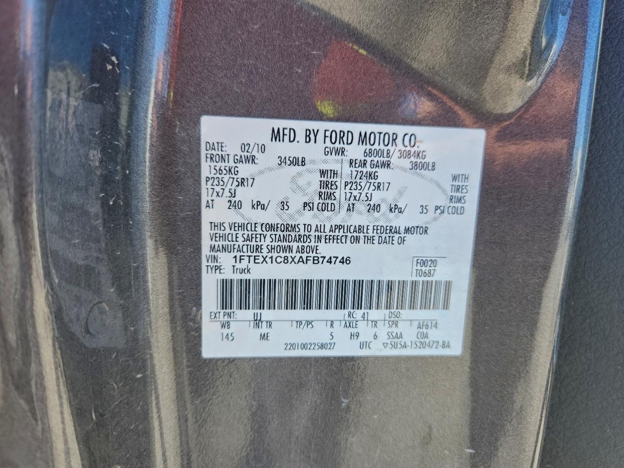 2010 Ford F150 Super Cab VIN: 1FTEX1C8XAFB74746 Lot: 93121205